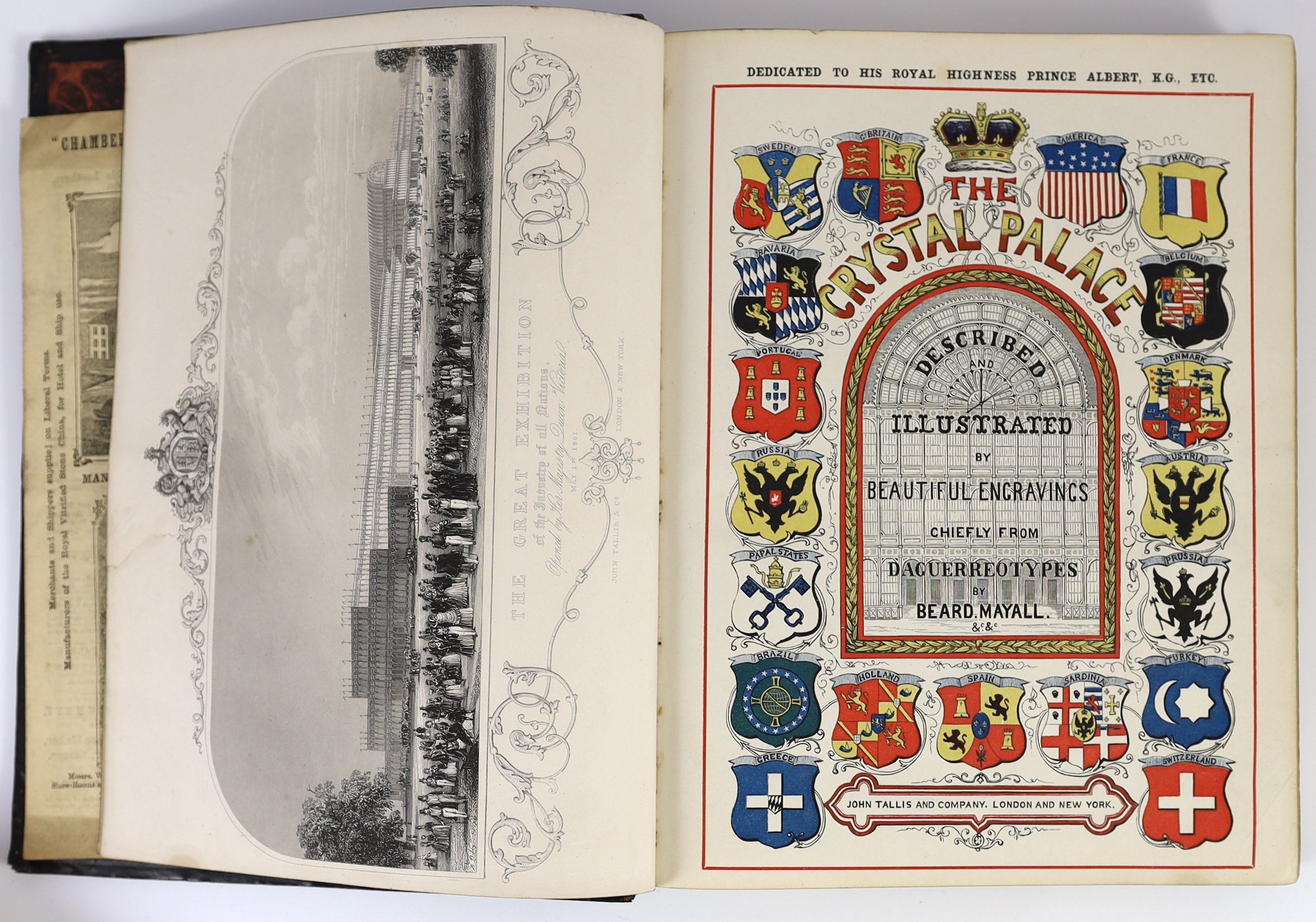 Tallis, John & Co., - History and Description of the Crystal Palace, 3 vols in 2, morocco gilt by John Waterer, tear to frontis repaired, London, [1851-54], together with, ‘’The Crystal Palace Penny Guide’’, 4to, 10pp.